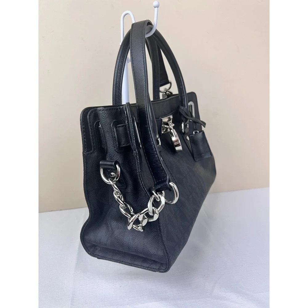 Michael Kors Hamilton Satchel Womens Medium Black Excellent Monogram Padlock